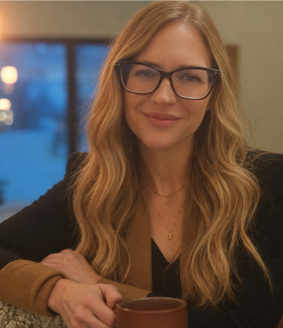 Jess Morris smiling, seated with a coffee mug in warm evening light